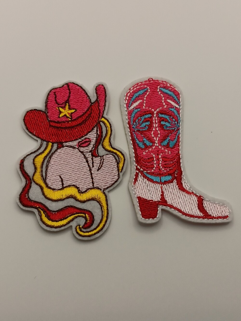 Rodeo Cowgirl & Pink Cowboy Boot Embroidered Iron On Patch Pair, Western - Picture 2 of 4